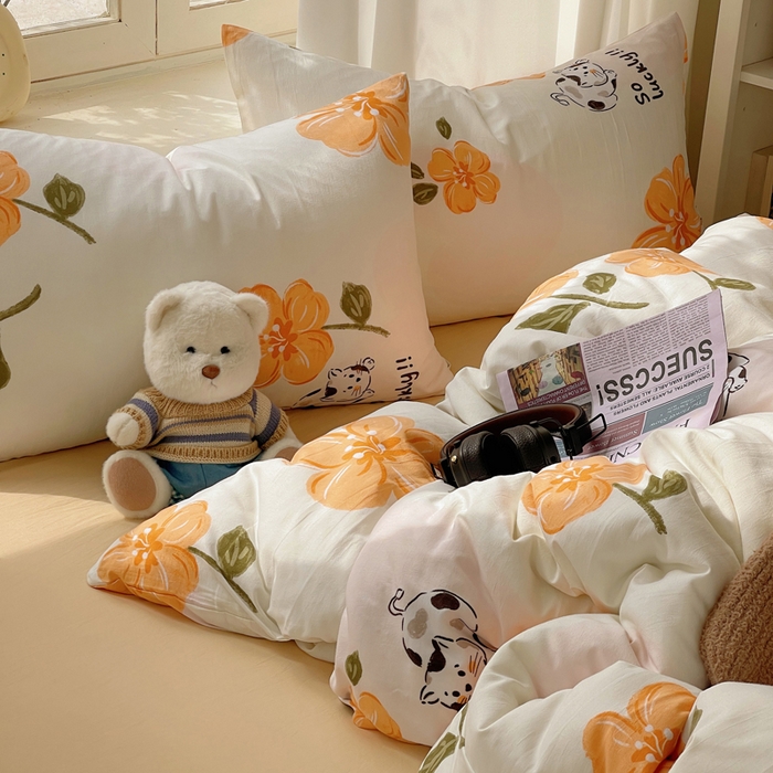 91家纺网 家纺一手货源 找家纺 芷凡家纺 2025新款水洗棉双层纱四件套 爱心猫咪