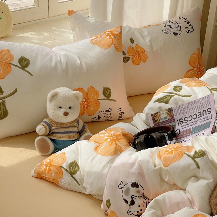 91家纺网 家纺一手货源 找家纺 芷凡家纺 2025新款水洗棉双层纱四件套 爱心猫咪