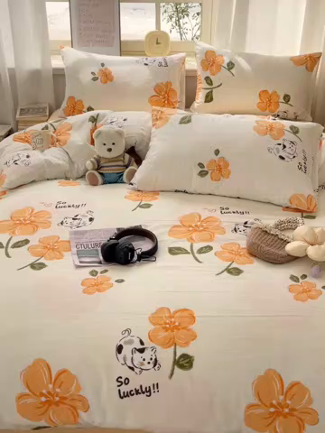 91家纺网 家纺一手货源 找家纺 芷凡家纺 2025新款水洗棉双层纱四件套 爱心猫咪