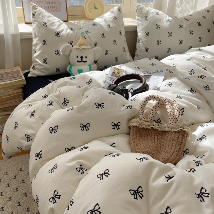 91家纺网 家纺一手货源 找家纺 芷凡家纺 2025新款水洗棉双层纱四件套 黑色蝴蝶结