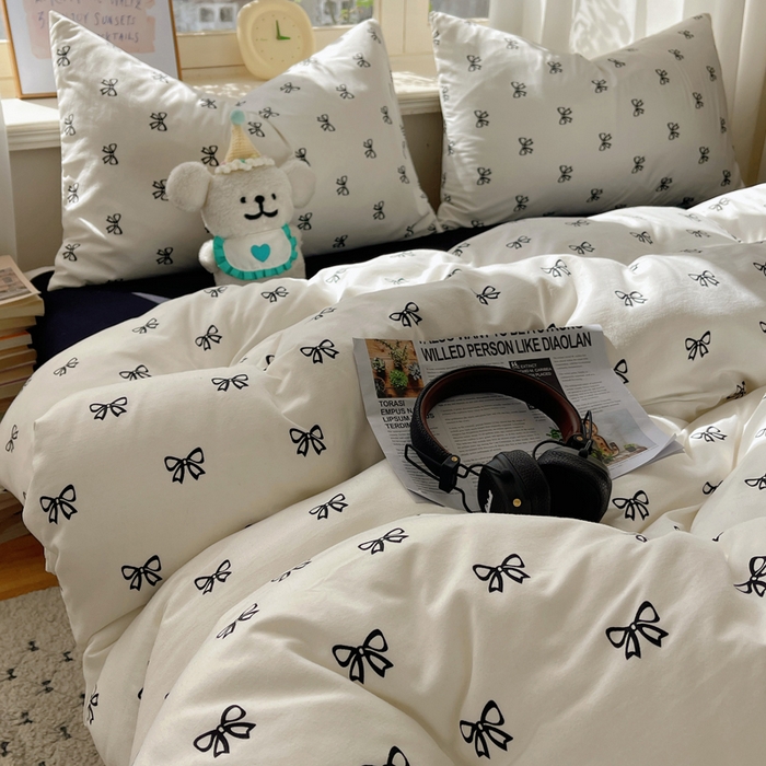 91家纺网 家纺一手货源 找家纺 芷凡家纺 2025新款水洗棉双层纱四件套 黑色蝴蝶结