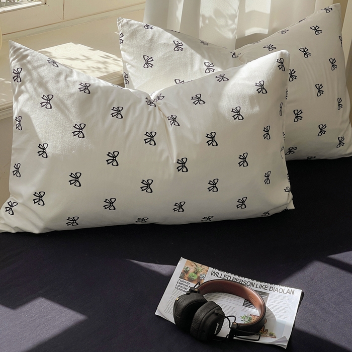 91家纺网 家纺一手货源 找家纺 芷凡家纺 2025新款水洗棉双层纱四件套 黑色蝴蝶结