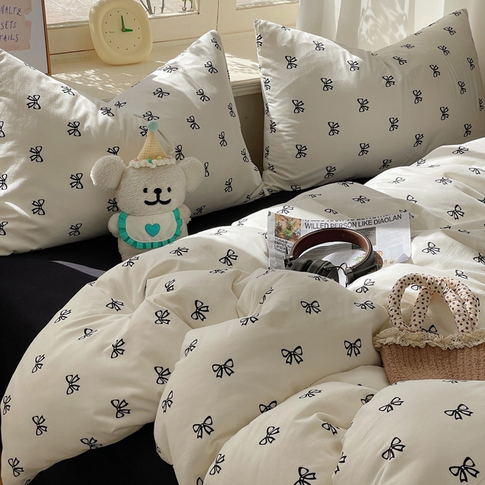 91家纺网 家纺一手货源 找家纺 芷凡家纺 2025新款水洗棉双层纱四件套 黑色蝴蝶结