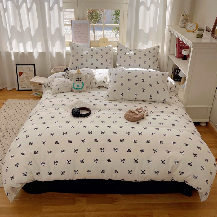 芷凡家纺 2025新款水洗棉双层纱四件套 黑色蝴蝶结