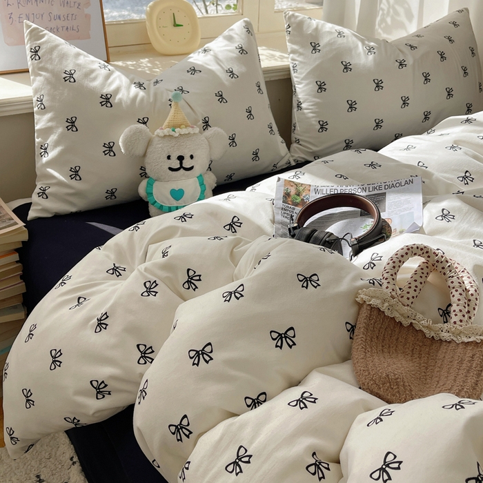 91家纺网 家纺一手货源 找家纺 芷凡家纺 2025新款水洗棉双层纱四件套 黑色蝴蝶结