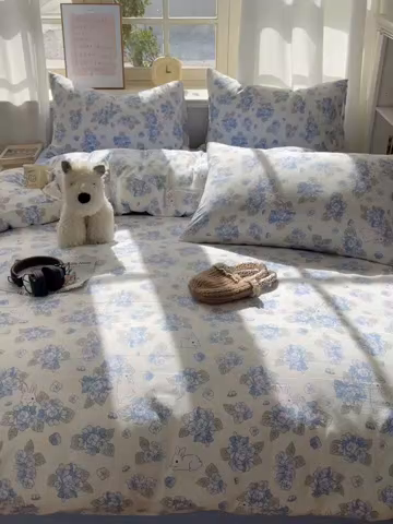 91家纺网 家纺一手货源 找家纺 芷凡家纺 2025新款水洗棉双层纱四件套 兰兰兔