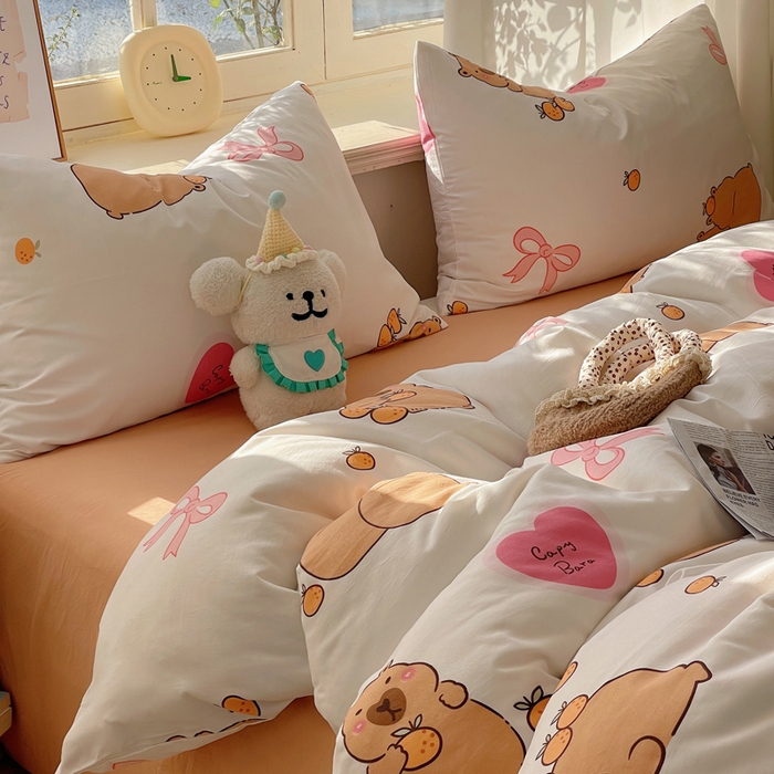 91家纺网 家纺一手货源 找家纺 芷凡家纺 2025新款水洗棉双层纱四件套 萌熊