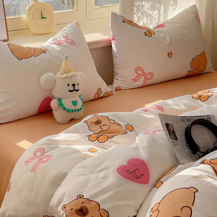 91家纺网 家纺一手货源 找家纺 芷凡家纺 2025新款水洗棉双层纱四件套 萌熊