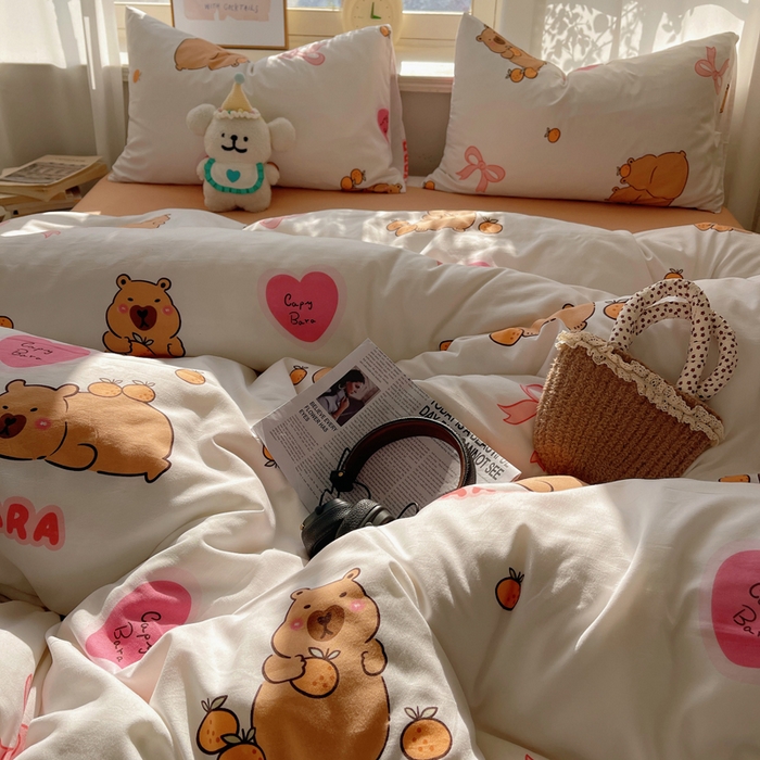 91家纺网 家纺一手货源 找家纺 芷凡家纺 2025新款水洗棉双层纱四件套 萌熊