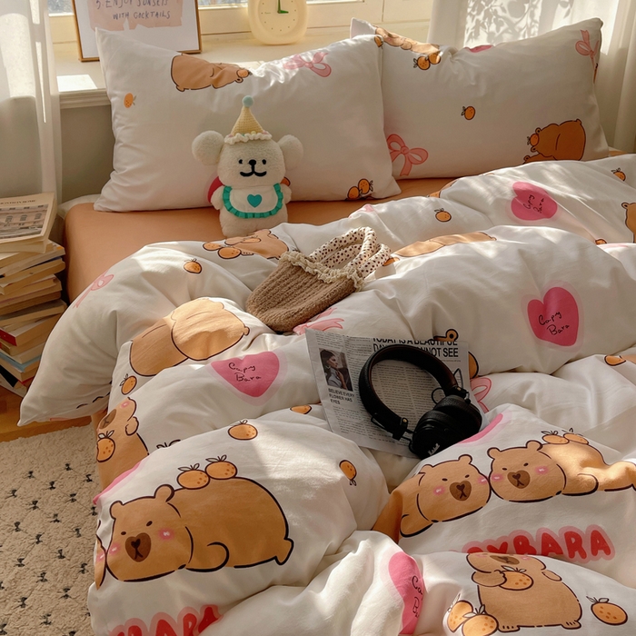 91家纺网 家纺一手货源 找家纺 芷凡家纺 2025新款水洗棉双层纱四件套 萌熊