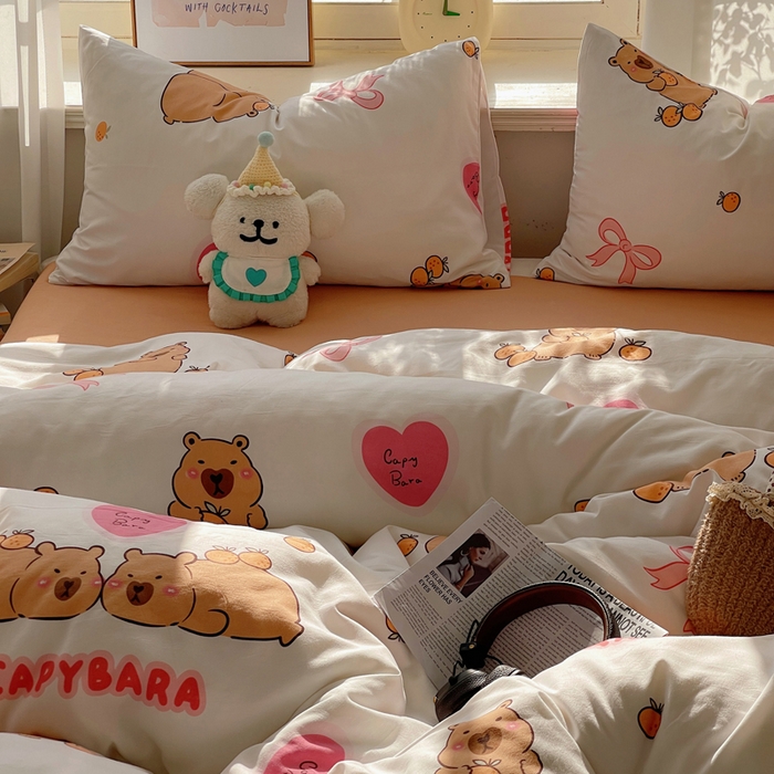 91家纺网 家纺一手货源 找家纺 芷凡家纺 2025新款水洗棉双层纱四件套 萌熊