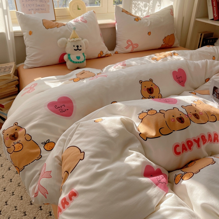 91家纺网 家纺一手货源 找家纺 芷凡家纺 2025新款水洗棉双层纱四件套 萌熊