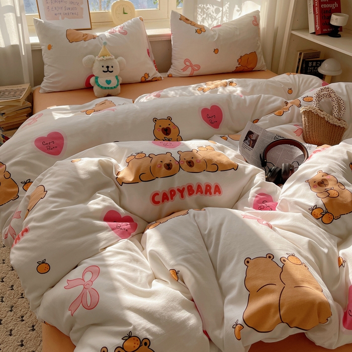 91家纺网 家纺一手货源 找家纺 芷凡家纺 2025新款水洗棉双层纱四件套 萌熊