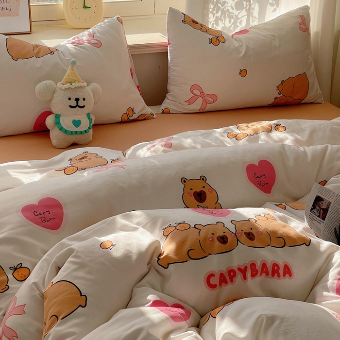 91家纺网 家纺一手货源 找家纺 芷凡家纺 2025新款水洗棉双层纱四件套 萌熊