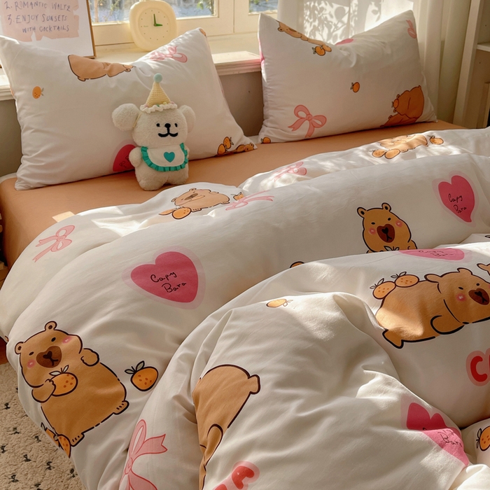 91家纺网 家纺一手货源 找家纺 芷凡家纺 2025新款水洗棉双层纱四件套 萌熊