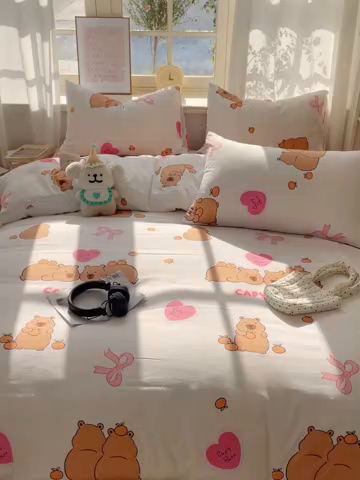 91家纺网 家纺一手货源 找家纺 芷凡家纺 2025新款水洗棉双层纱四件套 萌熊