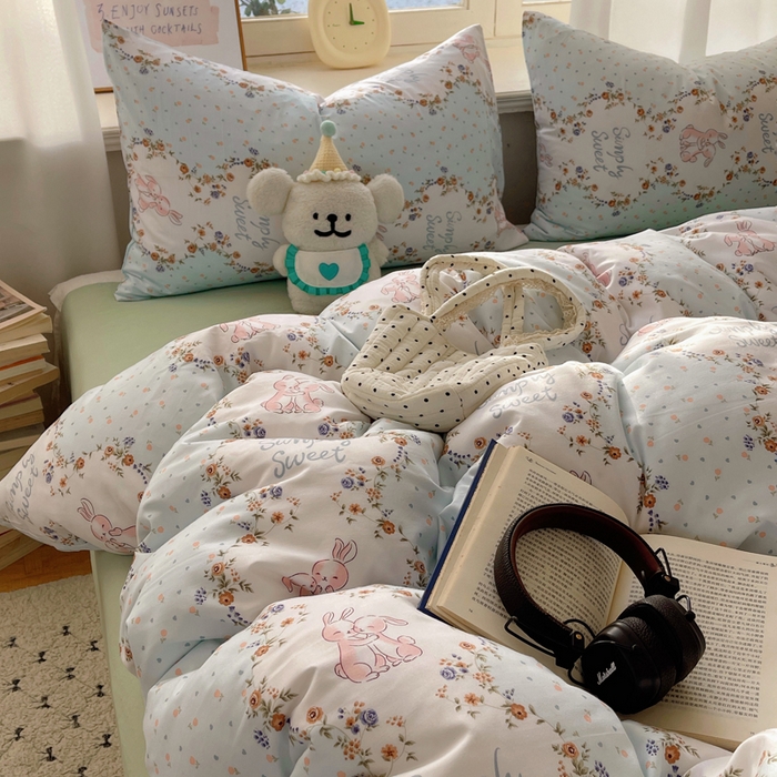 91家纺网 家纺一手货源 找家纺 芷凡家纺 2025新款水洗棉双层纱四件套 淑女兔