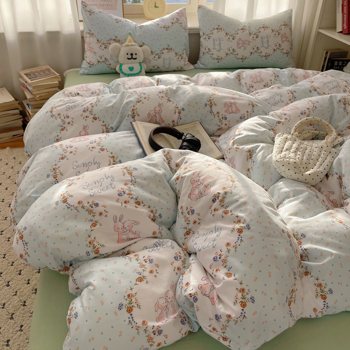 91家纺网 家纺一手货源 找家纺 芷凡家纺 2025新款水洗棉双层纱四件套 淑女兔