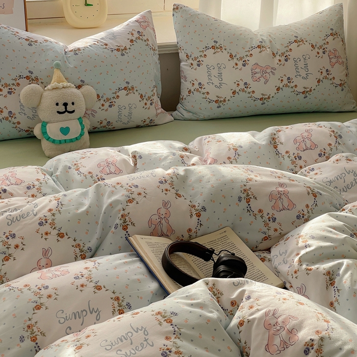 91家纺网 家纺一手货源 找家纺 芷凡家纺 2025新款水洗棉双层纱四件套 淑女兔