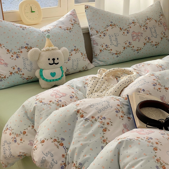 91家纺网 家纺一手货源 找家纺 芷凡家纺 2025新款水洗棉双层纱四件套 淑女兔