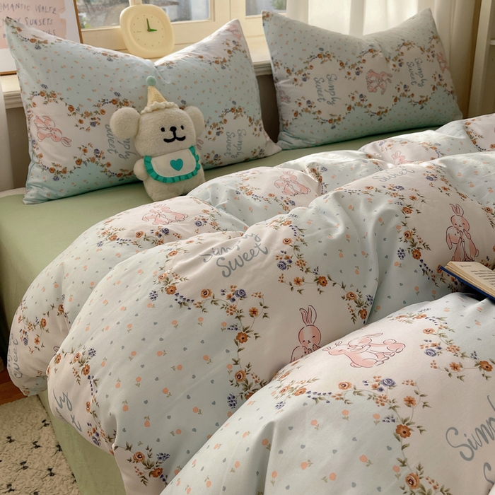 91家纺网 家纺一手货源 找家纺 芷凡家纺 2025新款水洗棉双层纱四件套 淑女兔