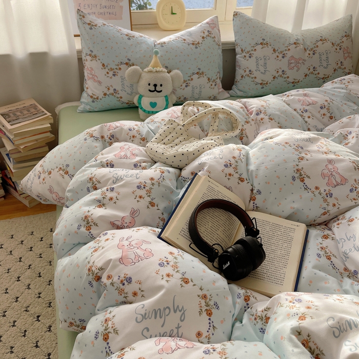 91家纺网 家纺一手货源 找家纺 芷凡家纺 2025新款水洗棉双层纱四件套 淑女兔