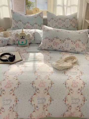 91家纺网 家纺一手货源 找家纺 芷凡家纺 2025新款水洗棉双层纱四件套 淑女兔