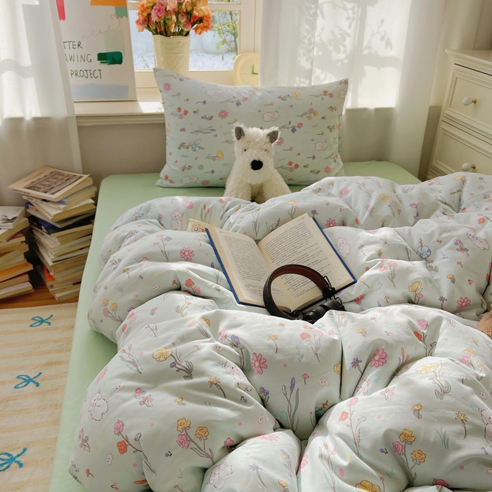 91家纺网 家纺一手货源 找家纺 芷凡家纺 2025新款水洗棉双层纱四件套 缤纷兔