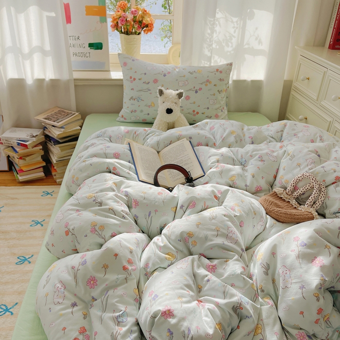 91家纺网 家纺一手货源 找家纺 芷凡家纺 2025新款水洗棉双层纱四件套 缤纷兔