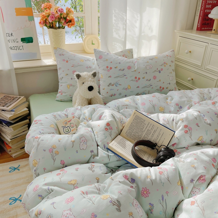 91家纺网 家纺一手货源 找家纺 芷凡家纺 2025新款水洗棉双层纱四件套 缤纷兔