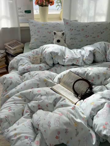 91家纺网 家纺一手货源 找家纺 芷凡家纺 2025新款水洗棉双层纱四件套 缤纷兔