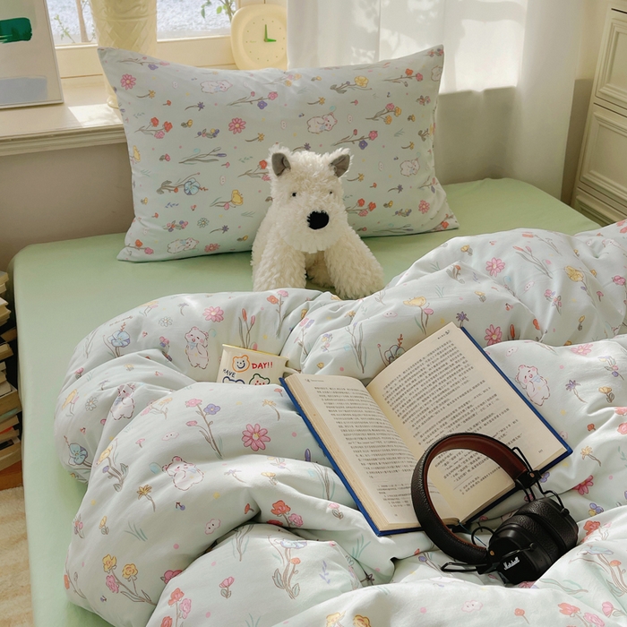 91家纺网 家纺一手货源 找家纺 芷凡家纺 2025新款水洗棉双层纱四件套 缤纷兔