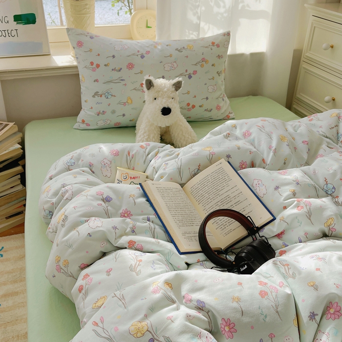 91家纺网 家纺一手货源 找家纺 芷凡家纺 2025新款水洗棉双层纱四件套 缤纷兔