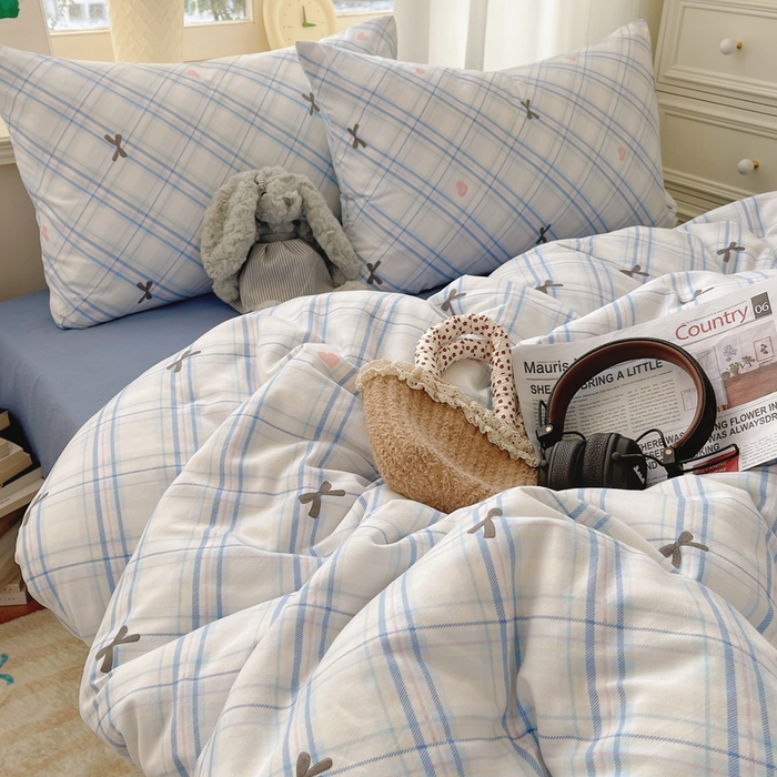 91家纺网 家纺一手货源 找家纺 芷凡家纺 2025新款水洗棉双层纱四件套 格子甜心