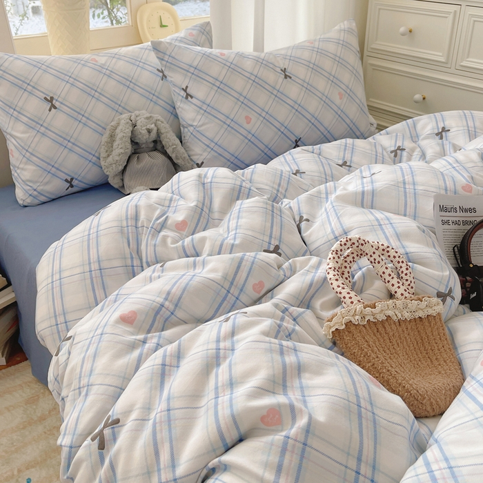 91家纺网 家纺一手货源 找家纺 芷凡家纺 2025新款水洗棉双层纱四件套 格子甜心