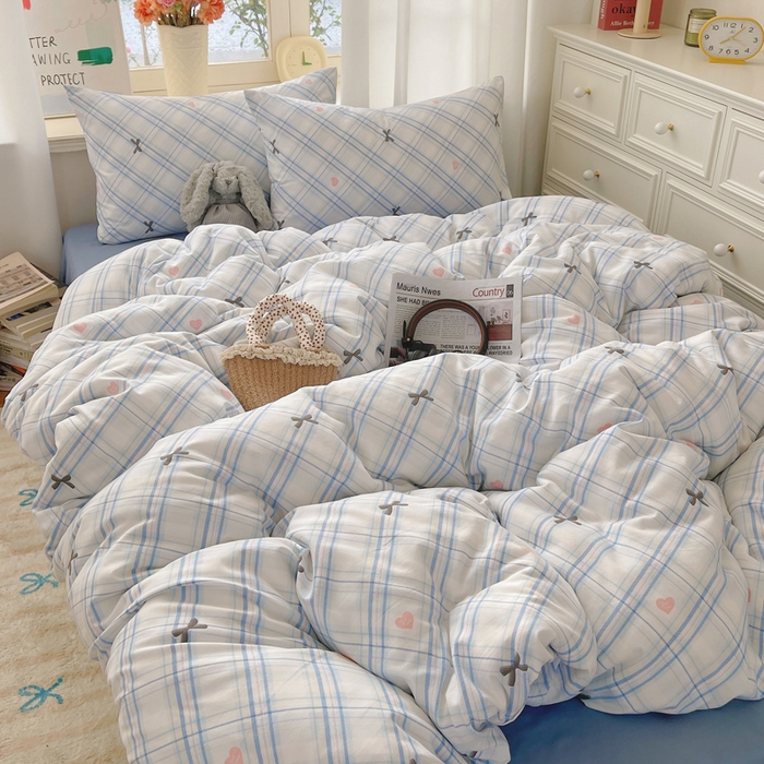 91家纺网 家纺一手货源 找家纺 芷凡家纺 2025新款水洗棉双层纱四件套 格子甜心