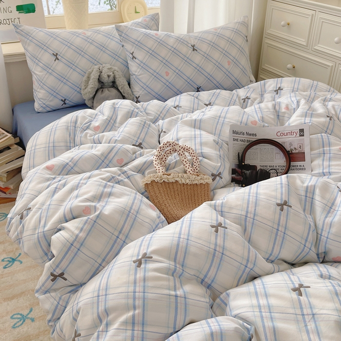 91家纺网 家纺一手货源 找家纺 芷凡家纺 2025新款水洗棉双层纱四件套 格子甜心