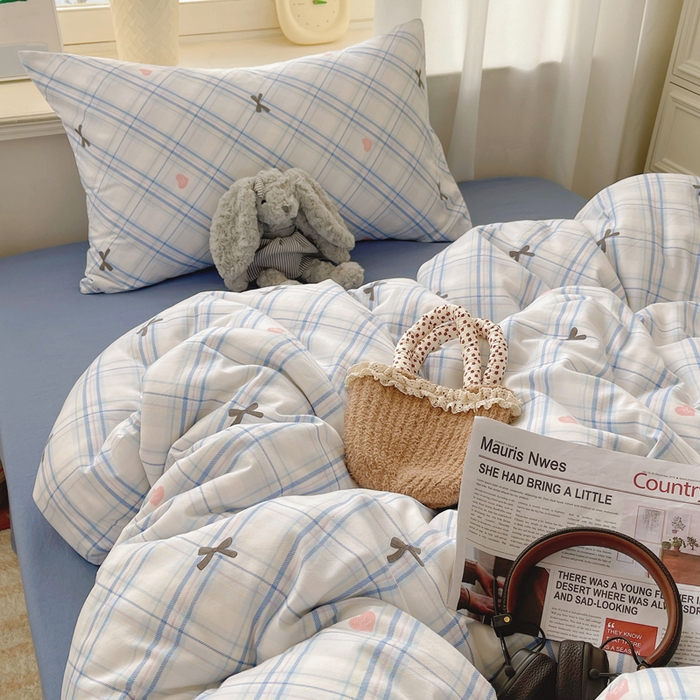 91家纺网 家纺一手货源 找家纺 芷凡家纺 2025新款水洗棉双层纱四件套 格子甜心