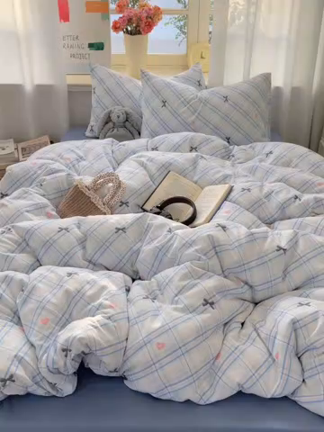 91家纺网 家纺一手货源 找家纺 芷凡家纺 2025新款水洗棉双层纱四件套 格子甜心