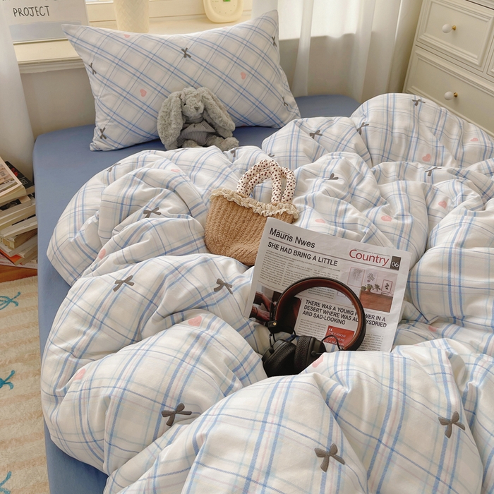 91家纺网 家纺一手货源 找家纺 芷凡家纺 2025新款水洗棉双层纱四件套 格子甜心