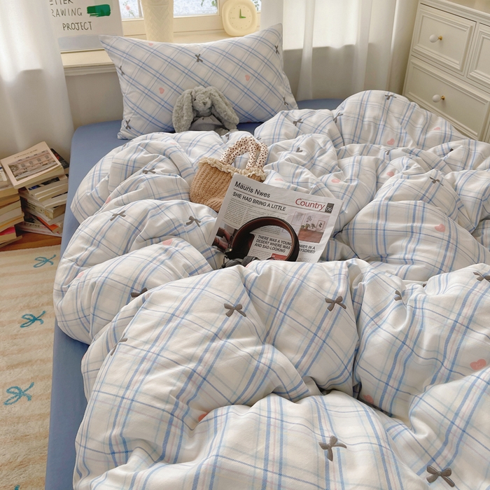 91家纺网 家纺一手货源 找家纺 芷凡家纺 2025新款水洗棉双层纱四件套 格子甜心