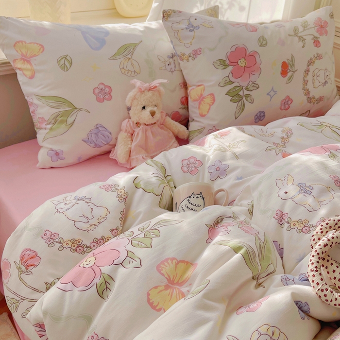 91家纺网 家纺一手货源 找家纺 芷凡家纺 2025新款水洗棉双层纱四件套 莫莉兔