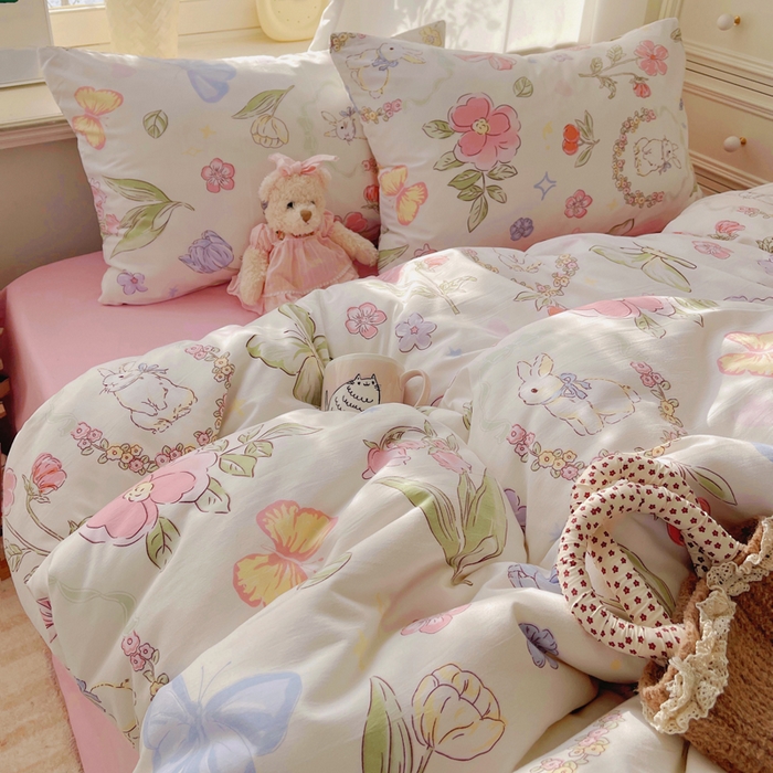 91家纺网 家纺一手货源 找家纺 芷凡家纺 2025新款水洗棉双层纱四件套 莫莉兔