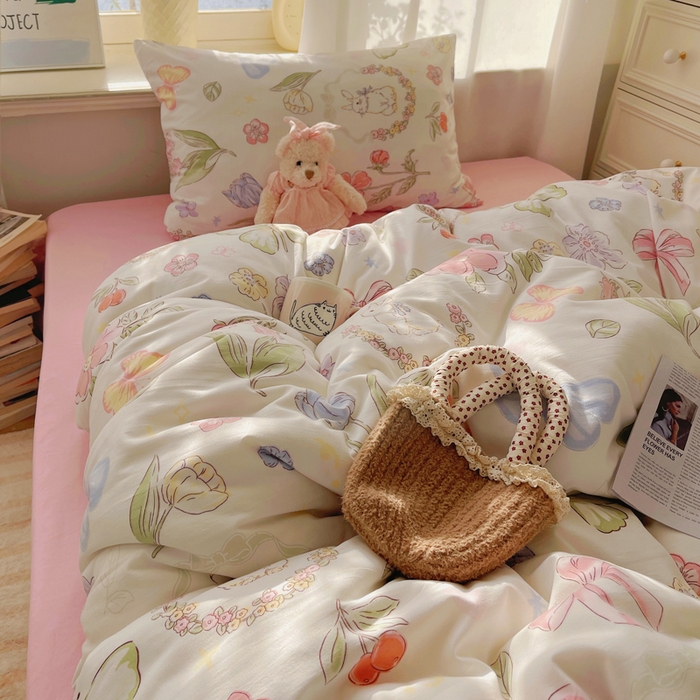 91家纺网 家纺一手货源 找家纺 芷凡家纺 2025新款水洗棉双层纱四件套 莫莉兔