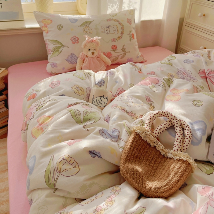 91家纺网 家纺一手货源 找家纺 芷凡家纺 2025新款水洗棉双层纱四件套 莫莉兔