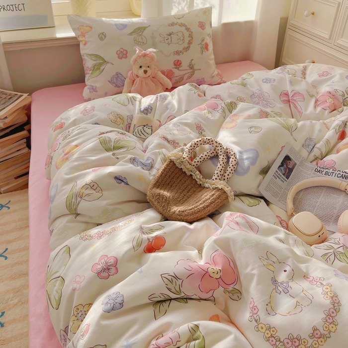 91家纺网 家纺一手货源 找家纺 芷凡家纺 2025新款水洗棉双层纱四件套 莫莉兔