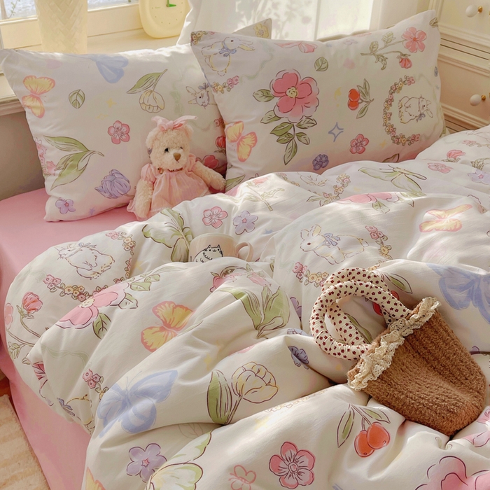 91家纺网 家纺一手货源 找家纺 芷凡家纺 2025新款水洗棉双层纱四件套 莫莉兔