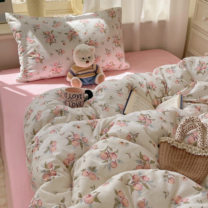 91家纺网 家纺一手货源 找家纺 芷凡家纺 2025新款水洗棉双层纱四件套 清新粉桃