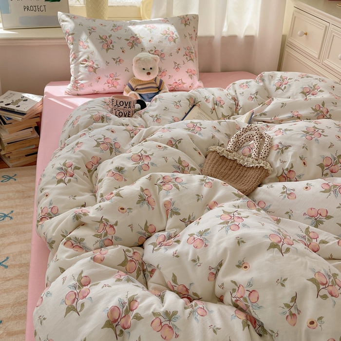 91家纺网 家纺一手货源 找家纺 芷凡家纺 2025新款水洗棉双层纱四件套 清新粉桃