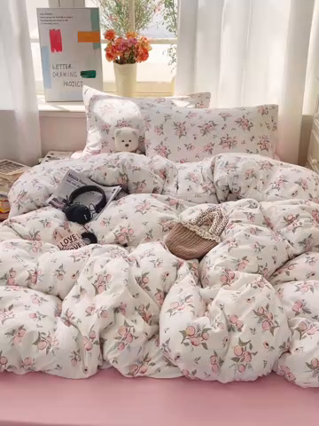 91家纺网 家纺一手货源 找家纺 芷凡家纺 2025新款水洗棉双层纱四件套 清新粉桃